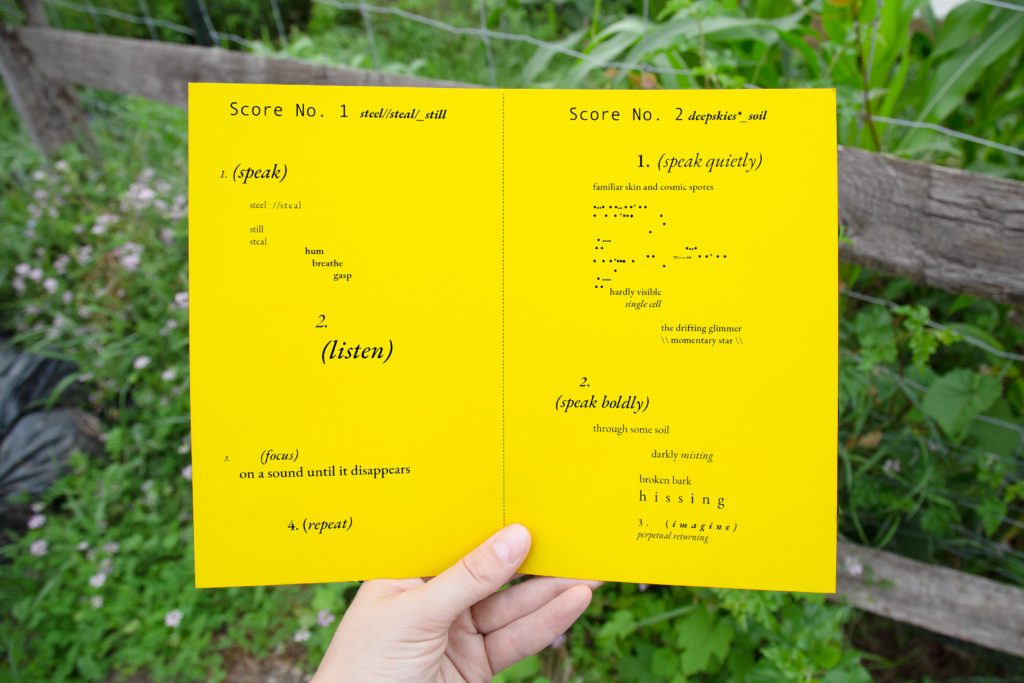 Hand holding yellow sheet of instructional score in a garden